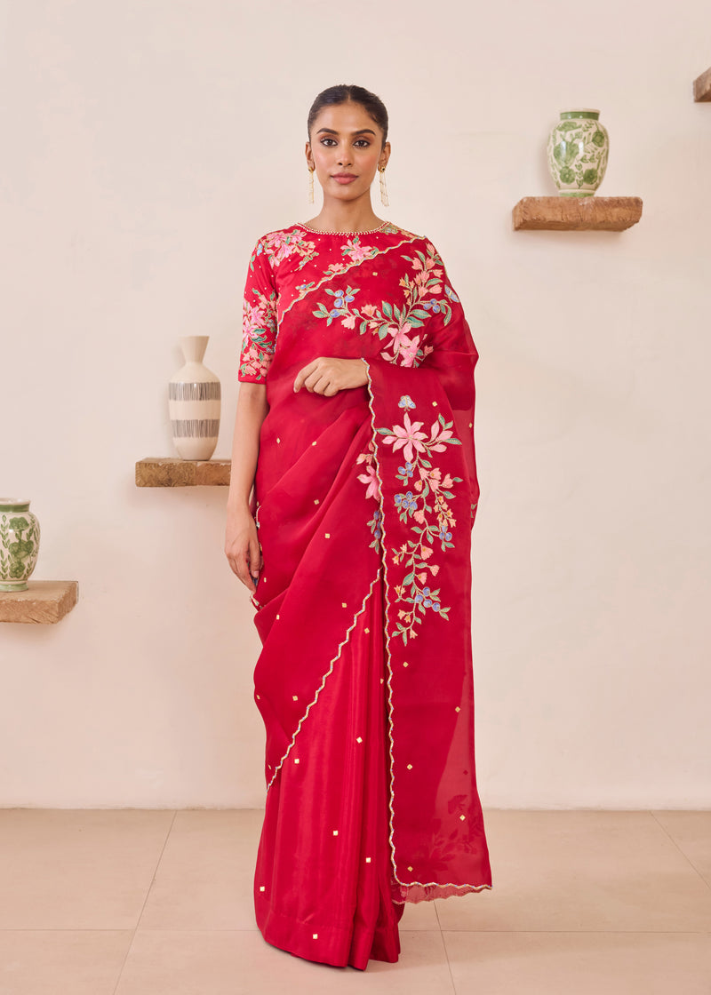 RAAG SAREE GAZAL BLOUSE - VERMILION RED