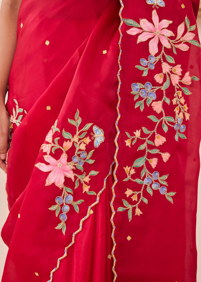 RAAG SAREE GAZAL BLOUSE - VERMILION RED