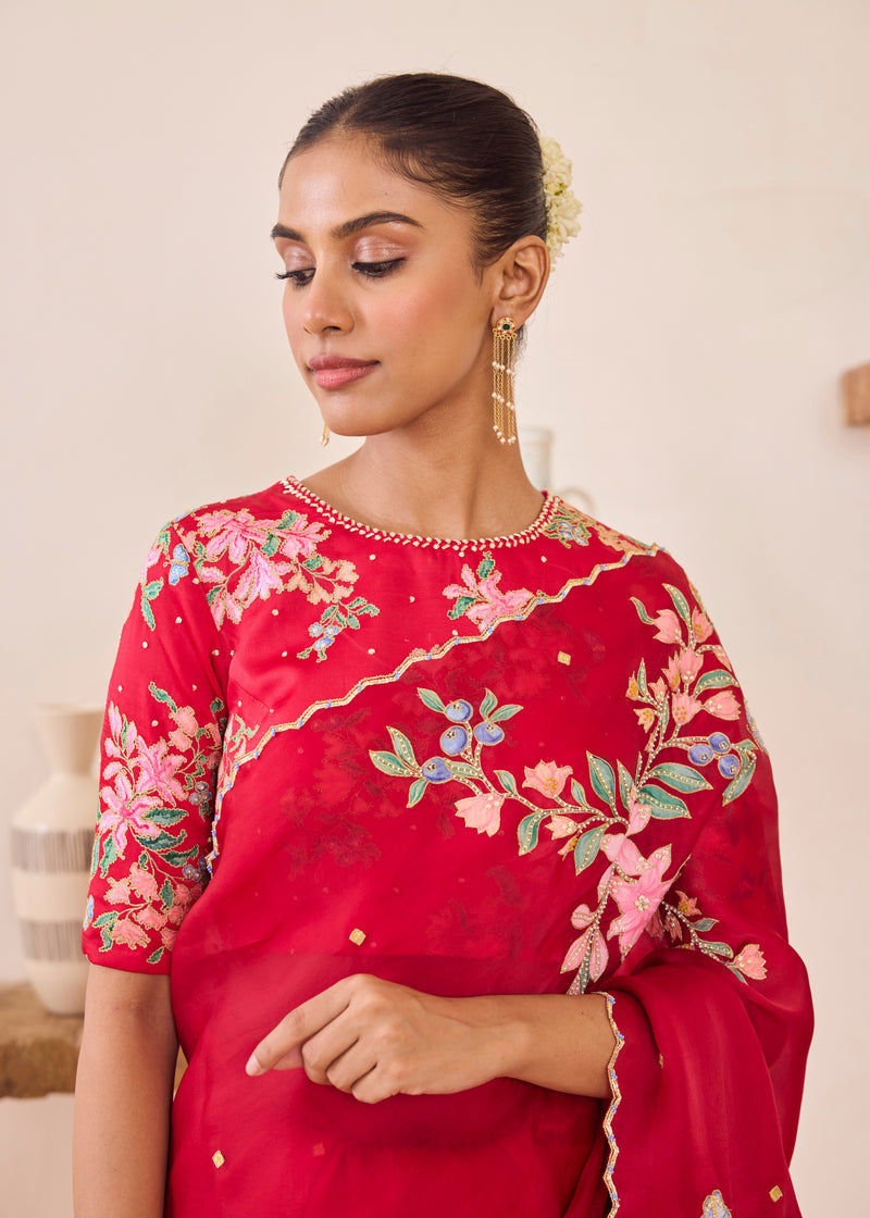 RAAG SAREE GAZAL BLOUSE - VERMILION RED