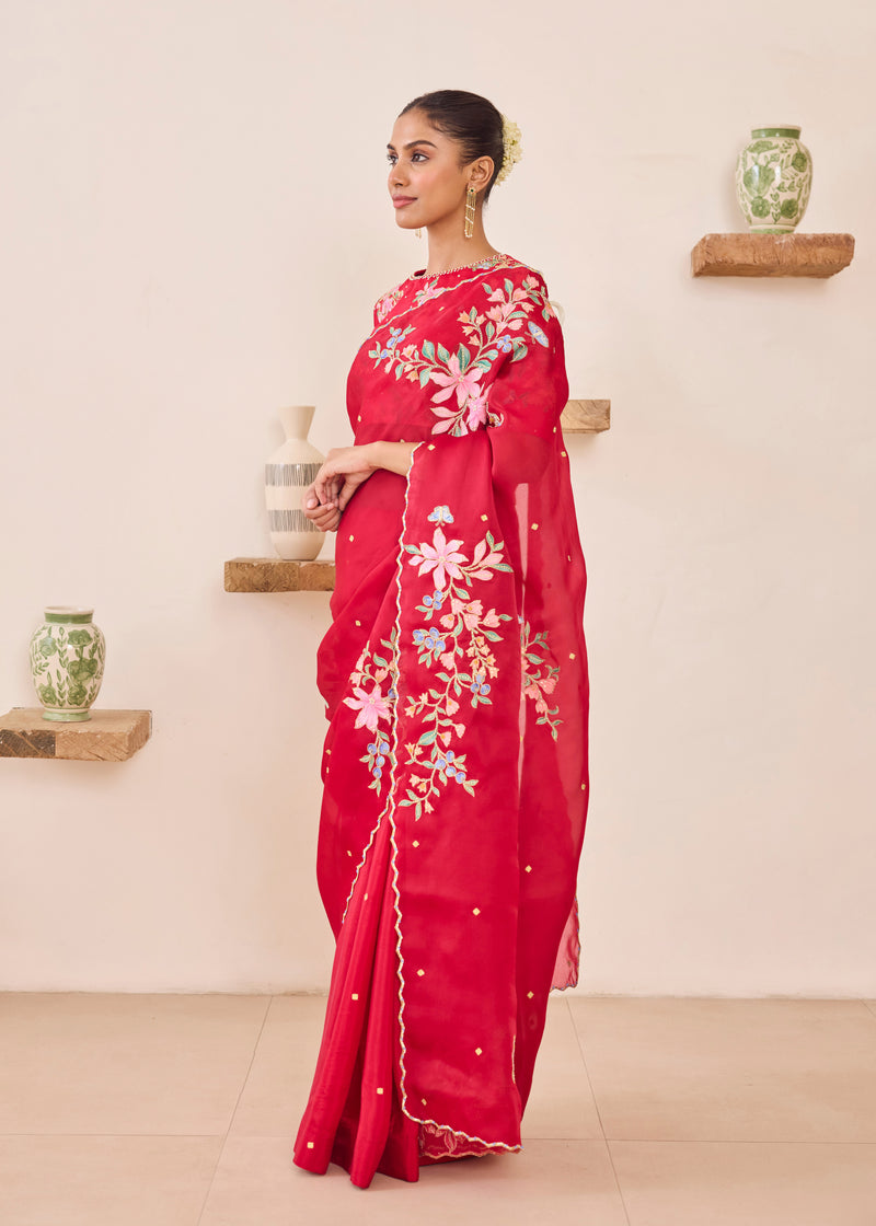 RAAG SAREE GAZAL BLOUSE - VERMILION RED