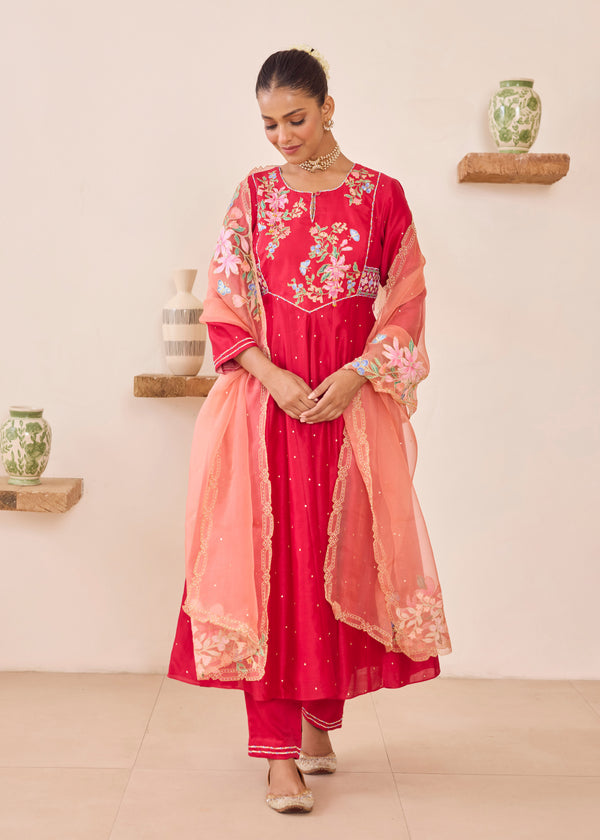 MOIRA ANARKALI WITH DUPATTA - VERMILION RED