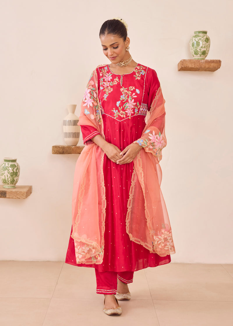 MOIRA ANARKALI WITH DUPATTA - VERMILION RED