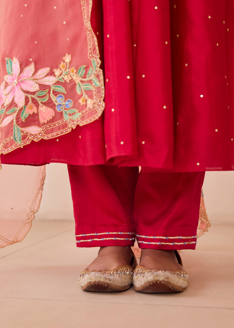 MOIRA ANARKALI WITH DUPATTA - VERMILION RED