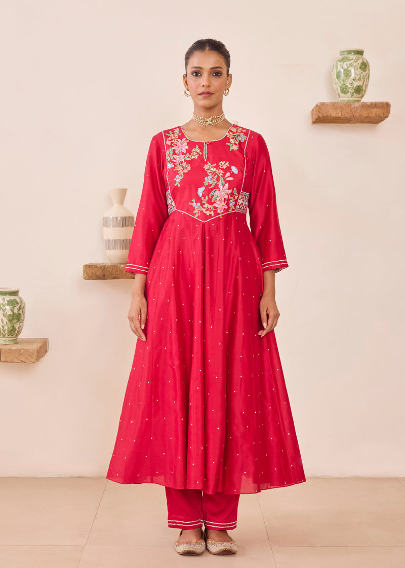 MOIRA ANARKALI WITH DUPATTA - VERMILION RED