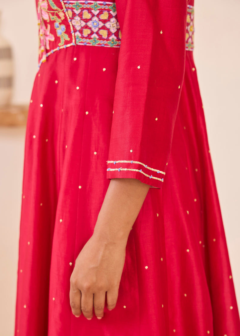 MOIRA ANARKALI WITH DUPATTA - VERMILION RED