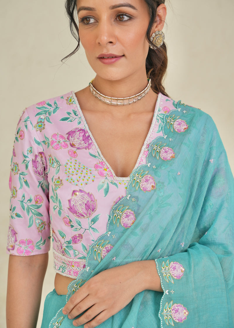 Ichika Tissue Saree - Turquoise