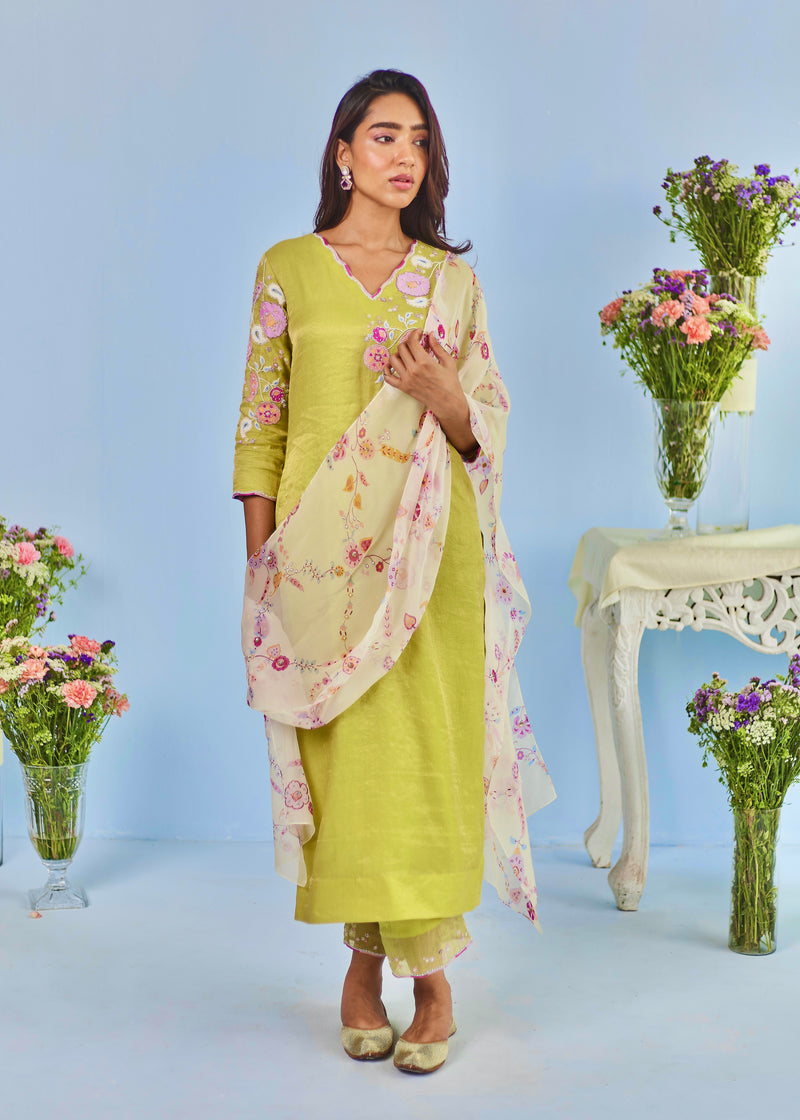 ZIVA STRAIGHT KURTA SET WITH ILYANA DUPATTA - PEAR GREEN