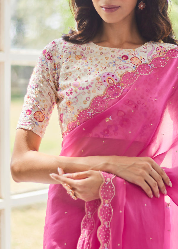 AKIRA SAREE NORI BLOUSE SET - FUSCHIA PINK