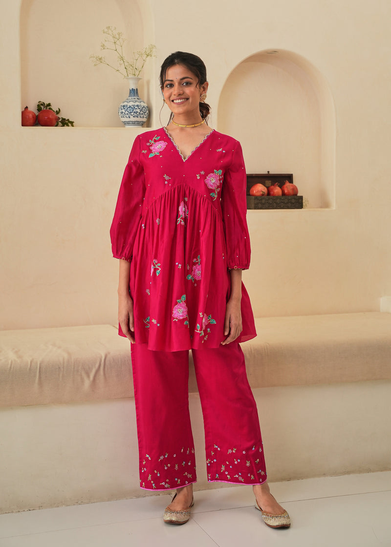 Zia Gathered Short Kurta Set - Red