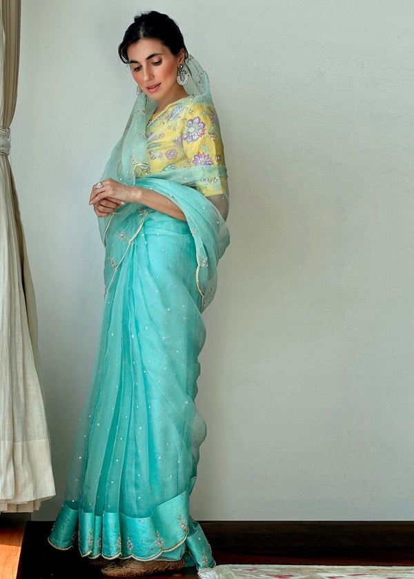 Prerna Goel in our Mint Green Kaira Scallop Saree Blouse Set