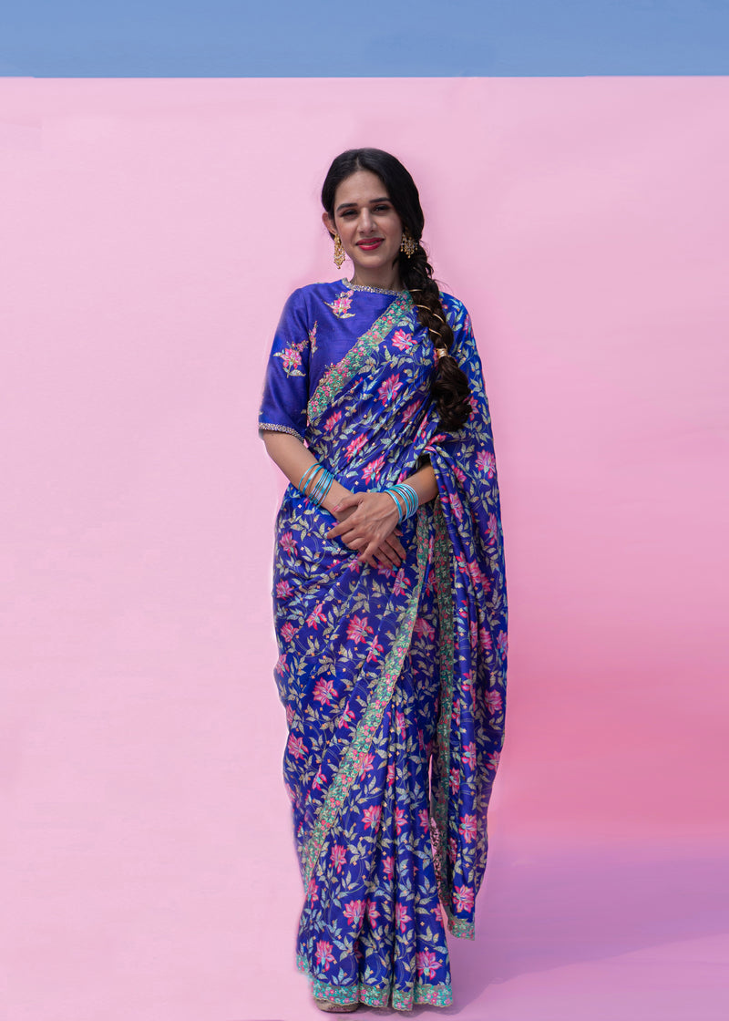 LEAF LACE BORDER SAREE BLOUSE SET - AZURE BLUE