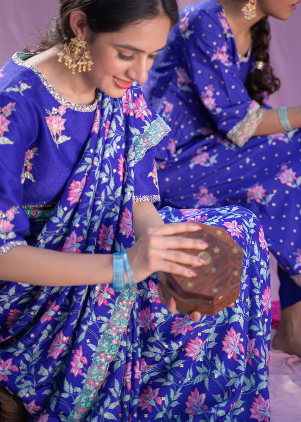 LEAF LACE BORDER SAREE BLOUSE SET - AZURE BLUE