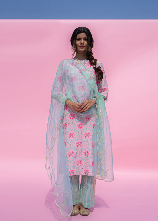 Leaf Kurta Set - Carnation Pink