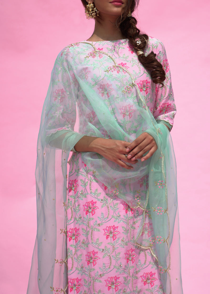 Leaf Kurta Set - Carnation Pink