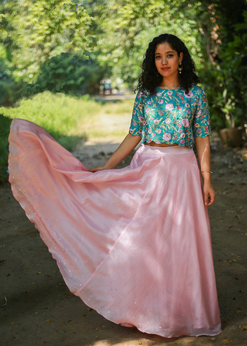 Gulaab Chanderi Lehenga Set - Teal Blue