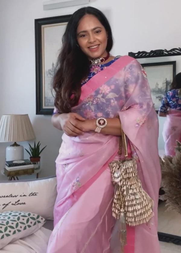 Ayushi Bangar in our Carnation Pink Applique Saree Blouse Set