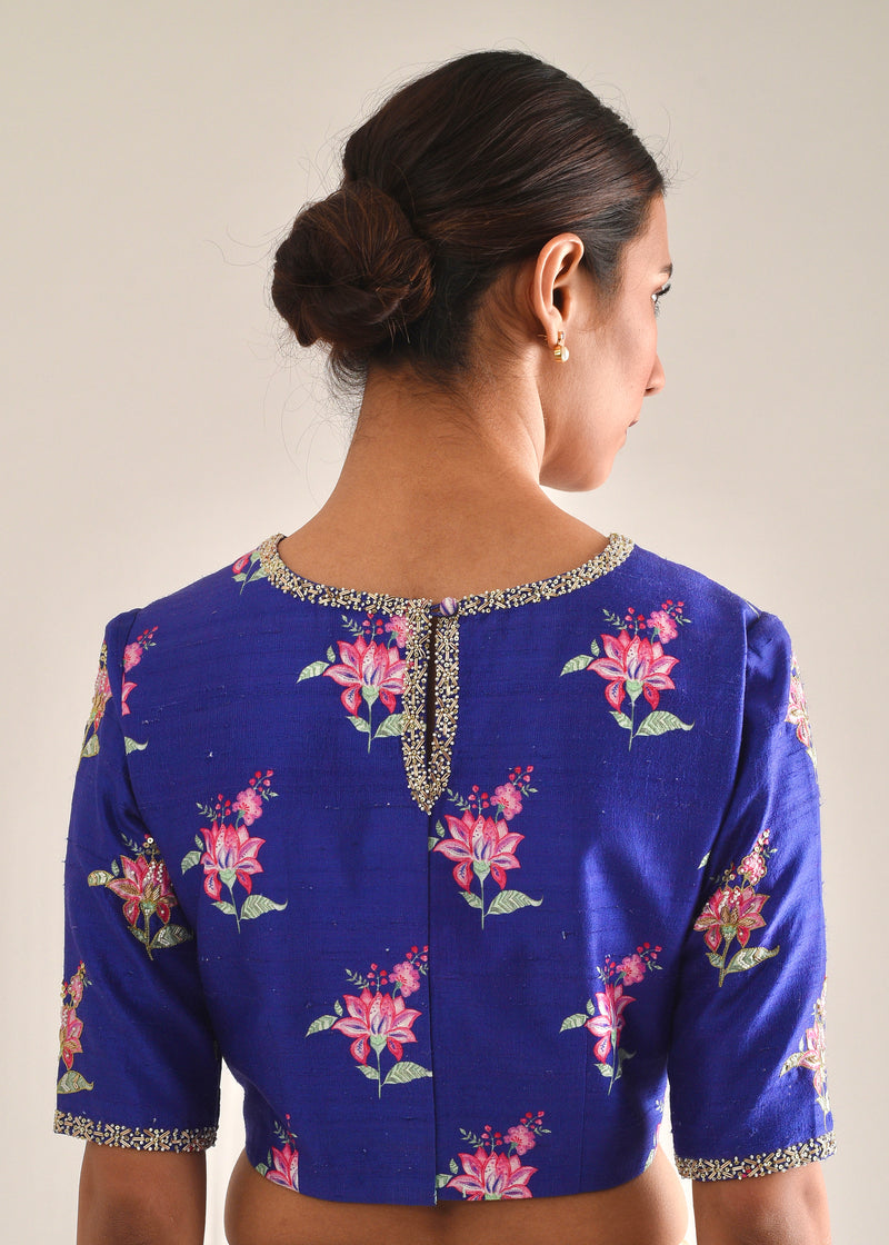 LEAF LACE BORDER SAREE BLOUSE SET - AZURE BLUE