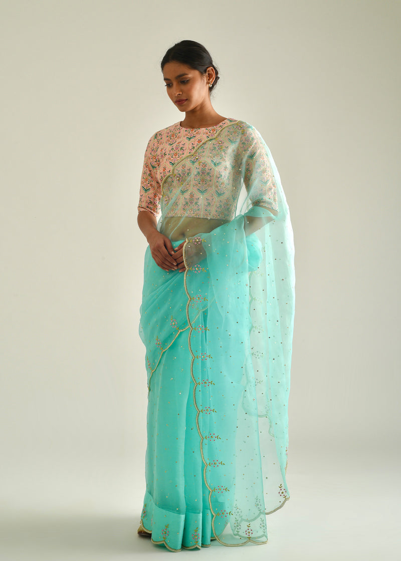 Kaira Scallop Saree Mughal Blouse Set - Mint Green