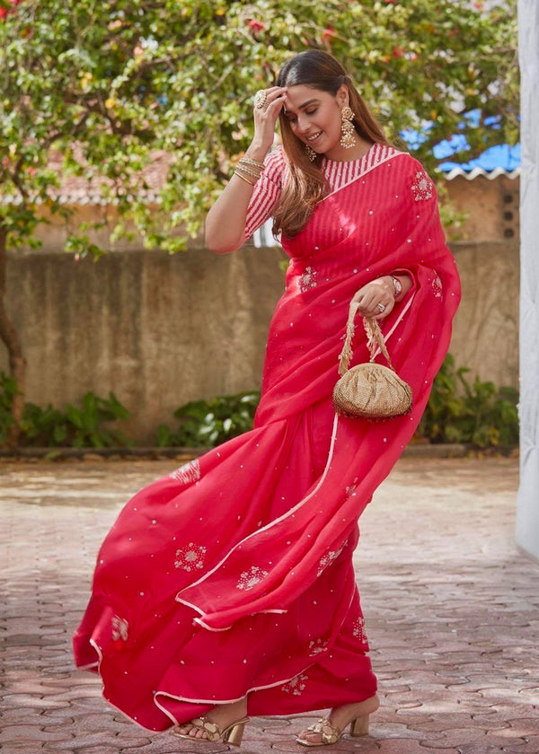 Summiyya from House of Misu in our Red Bootah Saree Blouse Set
