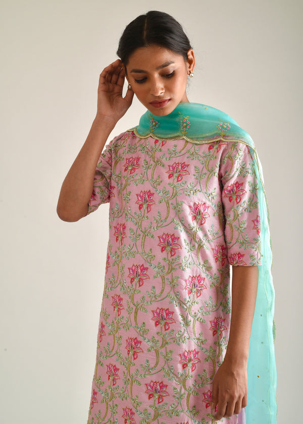 Leaf Kurta Lehenga Set - Carnation Pink