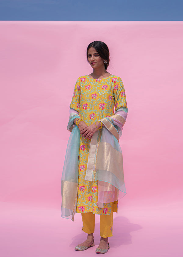 Leaf Kurta Zari Dupatta Set - Mustard Yellow