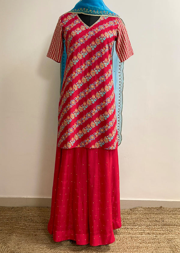 Tircha Kurta Sharara Set - Red