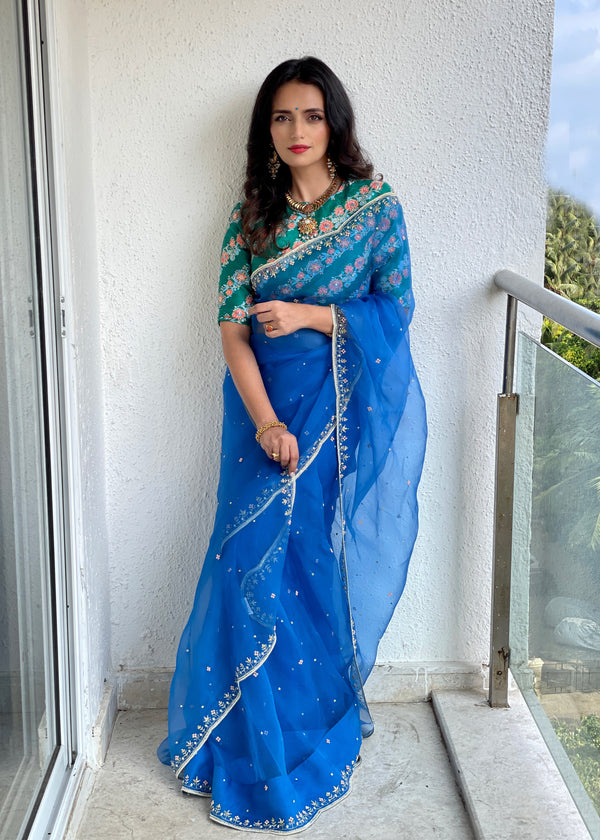 Roshni Chopra in our Cobalt Blue Kanguri Scallop Saree Blouse Set